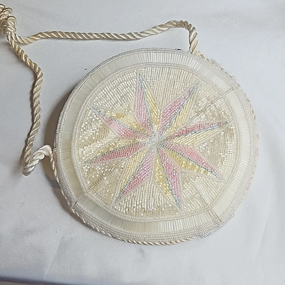 La Regale Vintage Beaded Handbag Round Pink Blue White - Picture 3 of 6